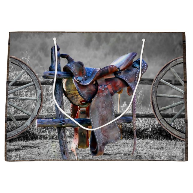 Horse Saddle Corral Fence Western Wagon Wheels  Large Gift Bag (Front)