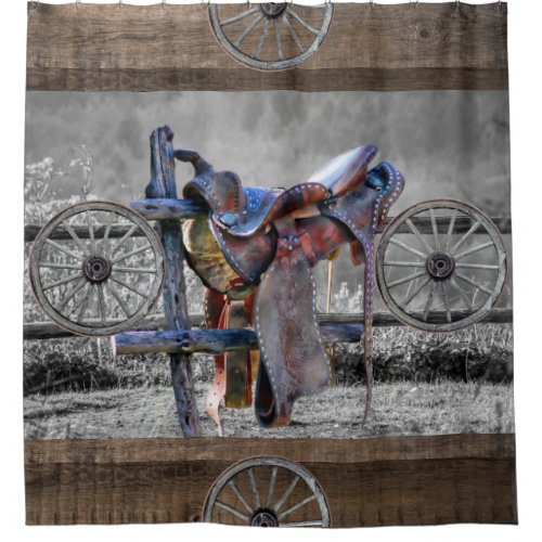 Horse Saddle Corral Fence Western Wagon Wheels  Shower Curtain