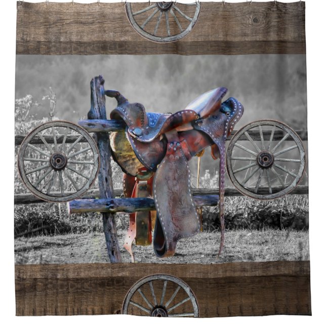 Horse Saddle Corral Fence Western Wagon Wheels  Shower Curtain (Front)
