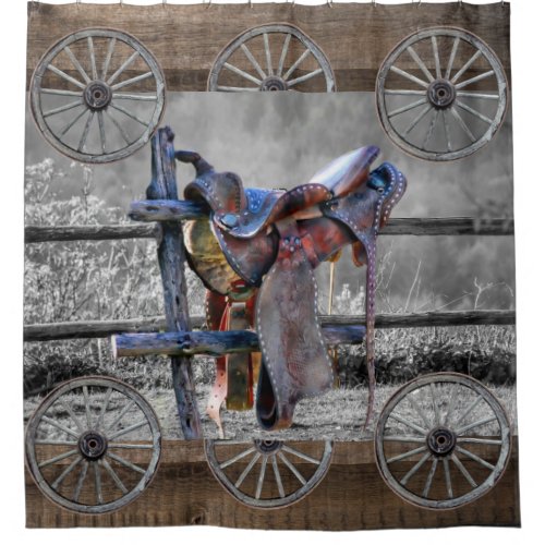 Horse Saddle Corral Fence Western Wagon Wheels  Shower Curtain