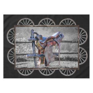 Horse Saddle Corral Fence Western Wagon Wheels Tablecloth