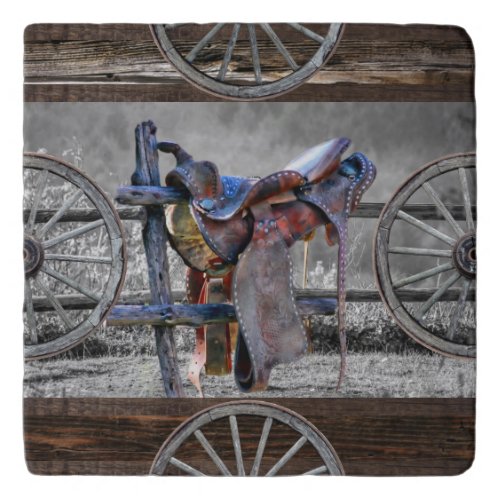 Horse Saddle Corral Fence Western Wagon Wheels  Trivet