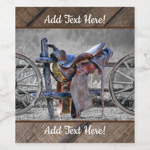 Horse Saddle Corral Fence Western Wagon Wheels  Wine Label