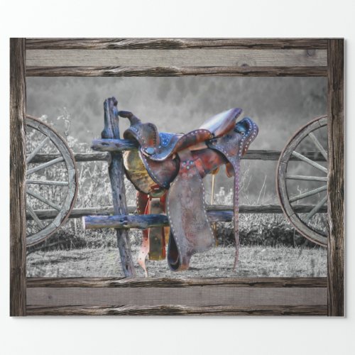 Horse Saddle Corral Fence Western Wagon Wheels  Wrapping Paper