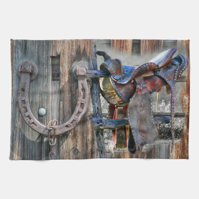 Horse Saddle Horseshoe Rustic Western Kitchen Towel (Horizontal)