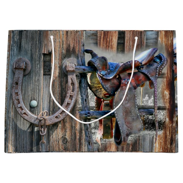 Horse Saddle Horseshoe Rustic Western Large Gift Bag (Front)