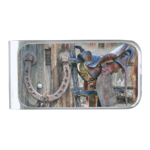 Horse Saddle Horseshoe Rustic Western Silver Finish Money Clip