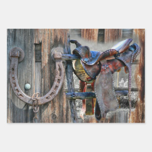 Horse Saddle Horseshoe Rustic Western Wrapping Paper Sheets