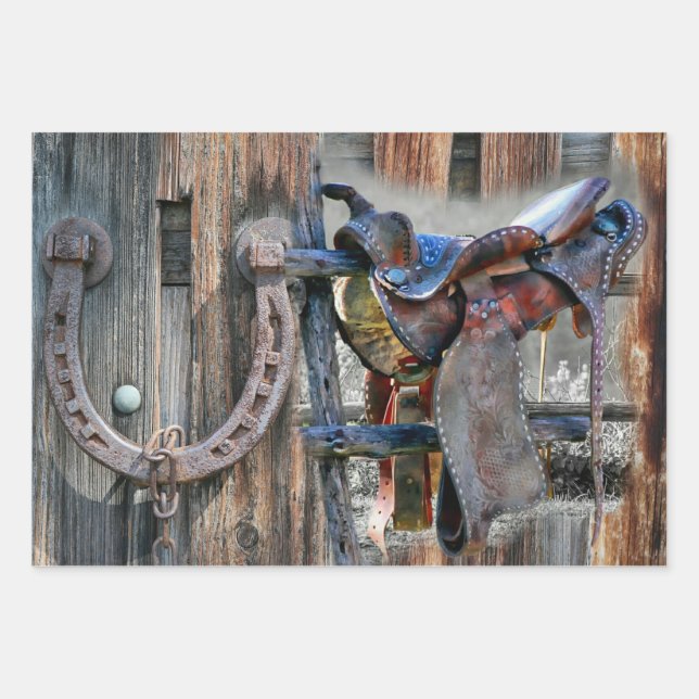 Horse Saddle Horseshoe Rustic Western Wrapping Paper Sheets (Front)