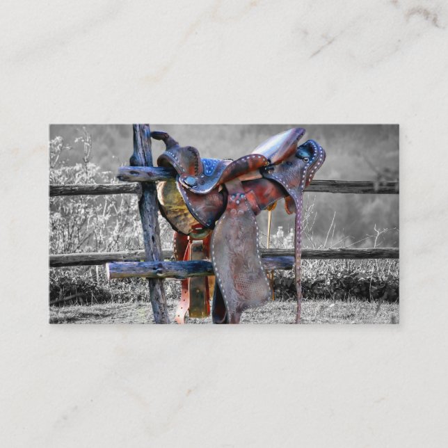 Horse Saddle On Corral Fence Western Business Card (Front)