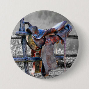 Horse Saddle On Corral Fence Western Button