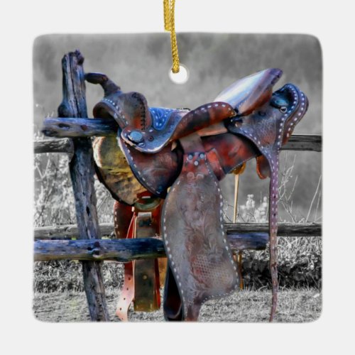 Horse Saddle On Corral Fence Western Ceramic Ornament