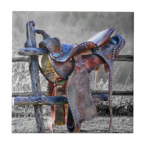 Horse Saddle On Corral Fence Western Ceramic Tile