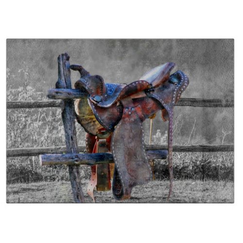 Horse Saddle On Corral Fence Western Cutting Board