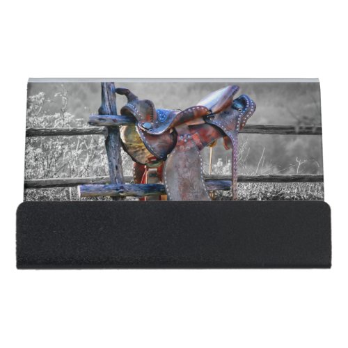 Horse Saddle On Corral Fence Western Desk Business Card Holder