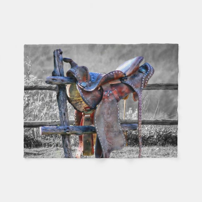 Horse Saddle On Corral Fence Western Fleece Blanket (Front (Horizontal))