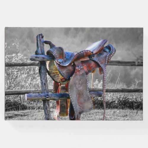 Horse Saddle On Corral Fence Western Guest Book