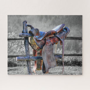 Horse Saddle On Corral Fence Western Jigsaw Puzzle