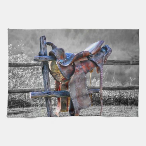 Horse Saddle On Corral Fence Western Kitchen Towel