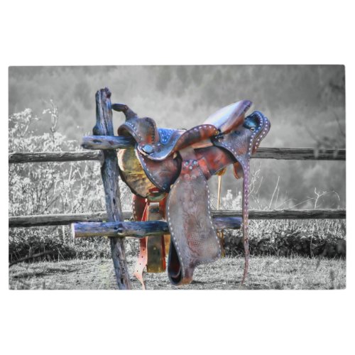 Horse Saddle On Corral Fence Western Metal Print