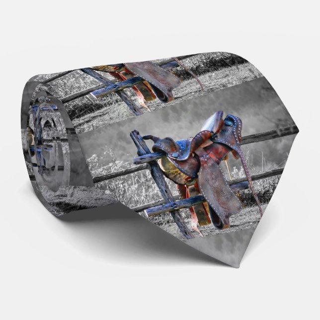 Horse Saddle On Corral Fence Western Neck Tie (Rolled)