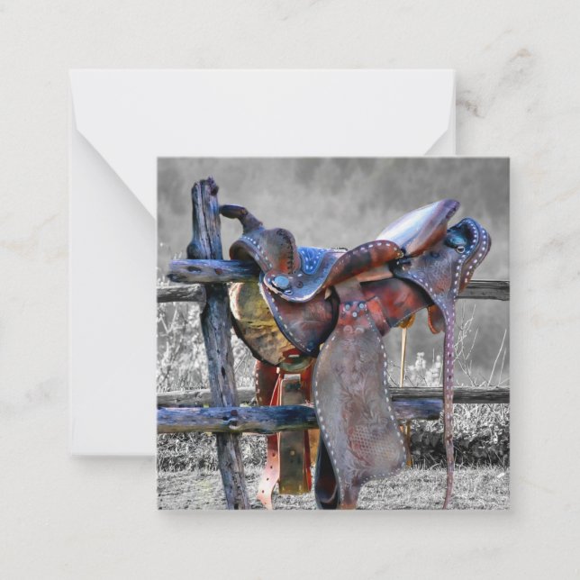 Horse Saddle On Corral Fence Western Note Card (Front)