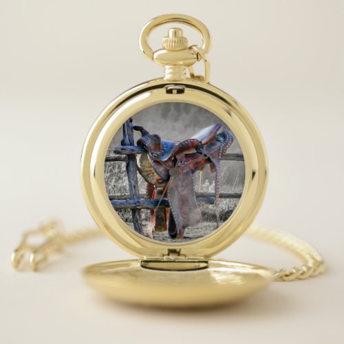 Horse Saddle On Corral Fence Western Pocket Watch