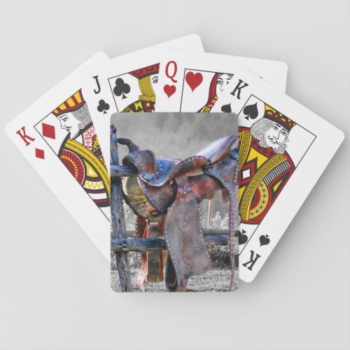 Horse Saddle On Corral Fence Western Poker Cards