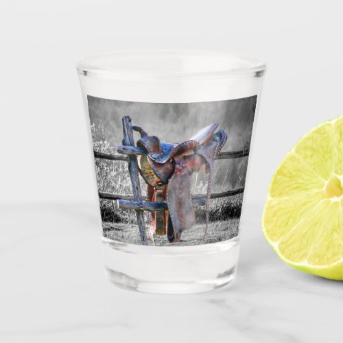 Horse Saddle On Corral Fence Western Shot Glass