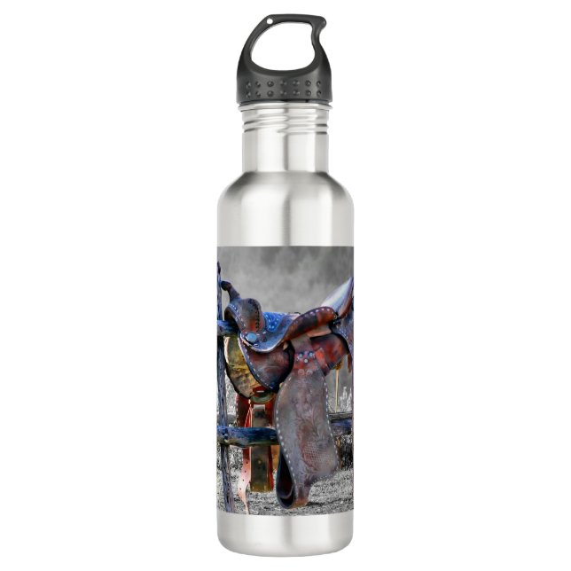 Horse Saddle On Corral Fence Western Stainless Steel Water Bottle (Front)