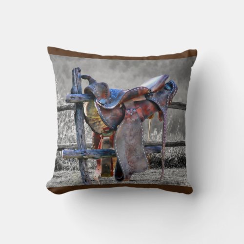 Horse Saddle On Corral Fence Western Throw Pillow