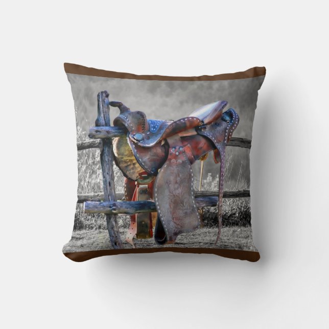Horse Saddle On Corral Fence Western Throw Pillow (Front)