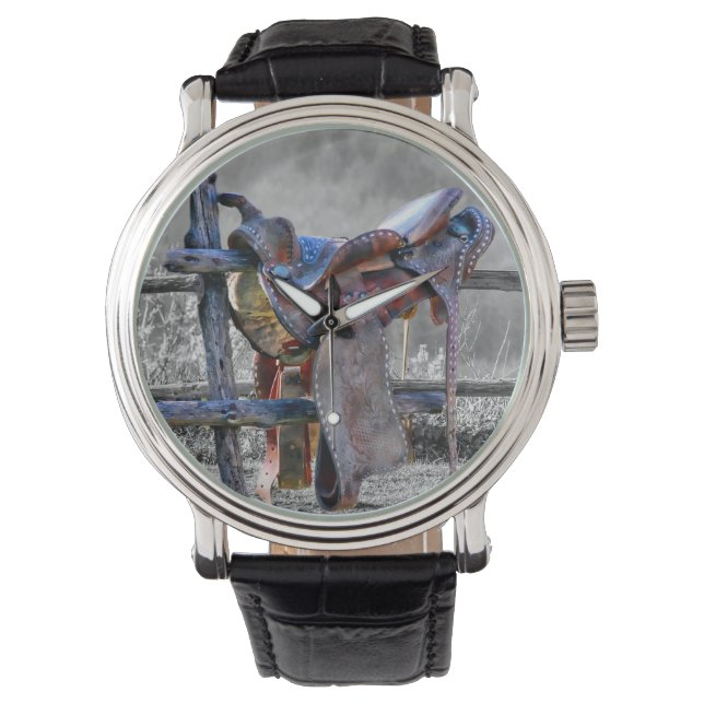 Horse Saddle On Corral Fence Western Watch (Front)