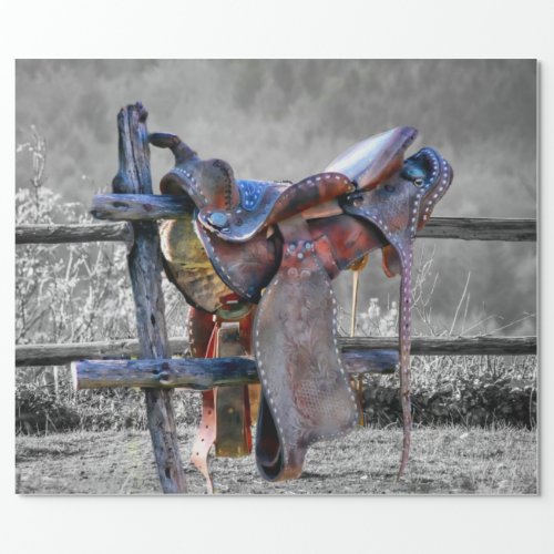 Horse Saddle On Corral Fence Western Wrapping Paper