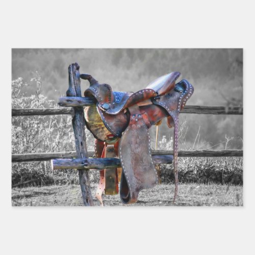 Horse Saddle On Corral Fence Western Wrapping Paper Sheets