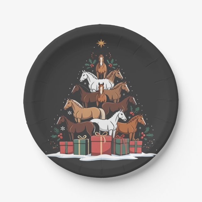 Horse Shaped Christmas Tree Equine Xmas  Paper Plates (Front)