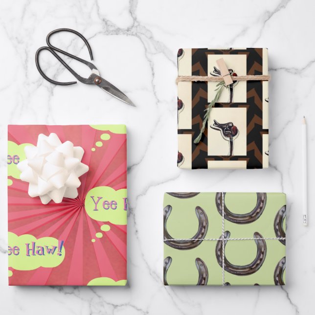 horse shoes saddles, yeehaw! wrapping paper sheets (Front)