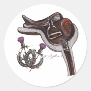 horse shoes , thistles and saddle classic round sticker