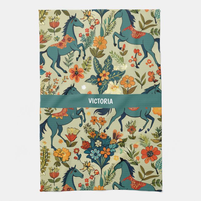 Horse Show Floral Custom Pattern Kitchen Towel (Vertical)