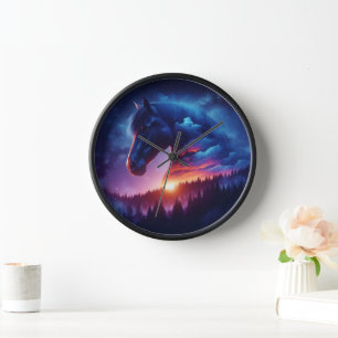 Horse Silhouette in a Sunset Forest Landscape Clock