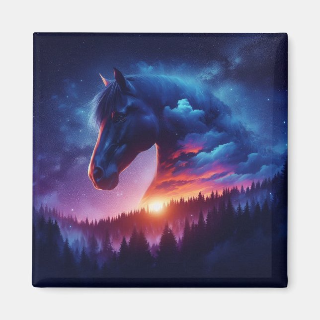 Horse Silhouette in a Sunset Forest Landscape Magnet (Front)