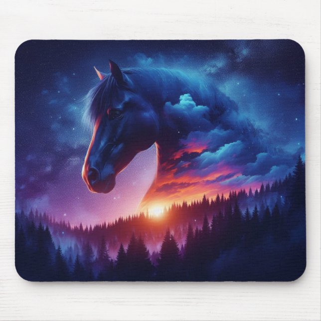 Horse Silhouette in a Sunset Forest Landscape Mouse Pad (Front)