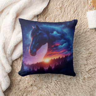 Horse Silhouette in a Sunset Forest Landscape Throw Pillow