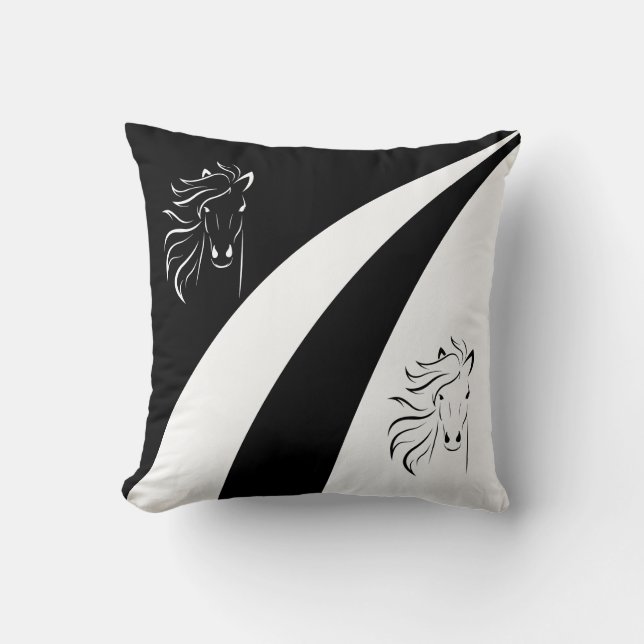 Horse silhouette on abstract black & white waves throw pillow (Front)