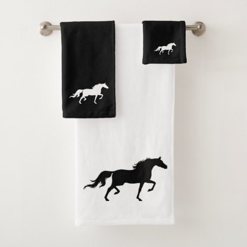 Horse Silhouette on Black  White Bath Towel Set