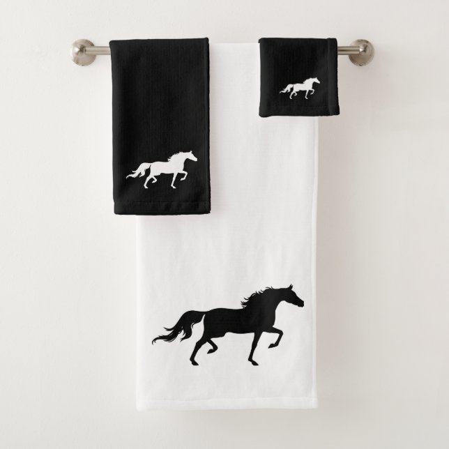 Horse Silhouette on Black & White Bath Towel Set (Insitu)