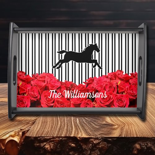 Horse Silhouette Red Roses Black Stripes Serving Tray