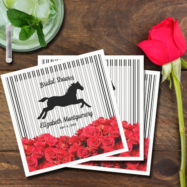Horse Silhouette Red Roses on Stripes Derby Party Napkins (Creator Uploaded)