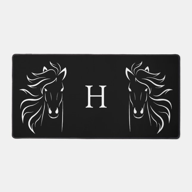 Horse Silhouettes & Monogram on Black Desk Mat (Front)