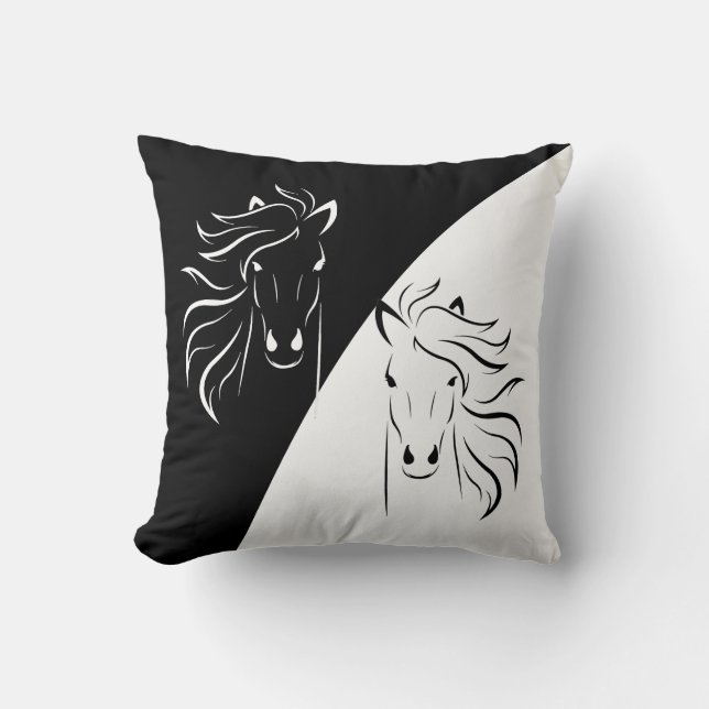 Horse silhouettes on abstract black and white throw pillow (Front)